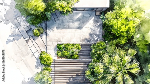 Aerial View of Modern Landscape Design with Patio and Planting