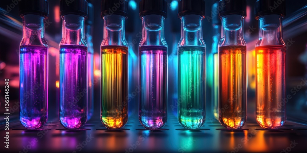 Vibrant colored liquids in test tubes, illuminated in a dark lab setting Vibrant colored liquids in test tubes, illuminated in a dark lab setting
