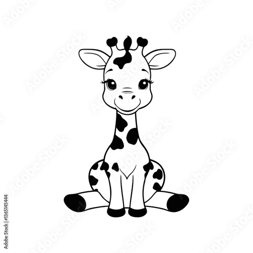 A minimalistic black and white vector illustration of a baby giraffe looking up with wide, innocent eyes on a clean white background