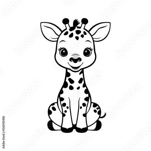 A sleek black and white vector illustration of a baby giraffe walking with a gentle posture on a white background