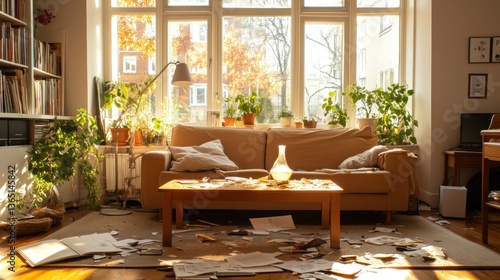 Sunlit living room, slightly messy with papers scattered on floor and coffee table. Plants and books add character