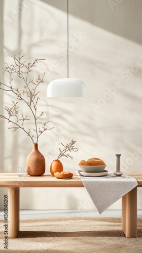 Sunlit minimalist interior scene with wooden table, ceramic vase, fruit, and pendant lamp