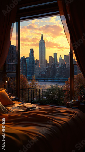 Luxury Hotel Room Overlooking Vibrant New York City Skyline at Sunset