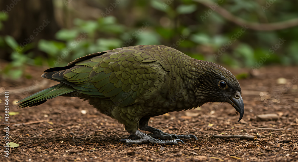 Obraz premium Critically Endangered Kakapo Parrot Foraging on the Forest Floor in New Zealand