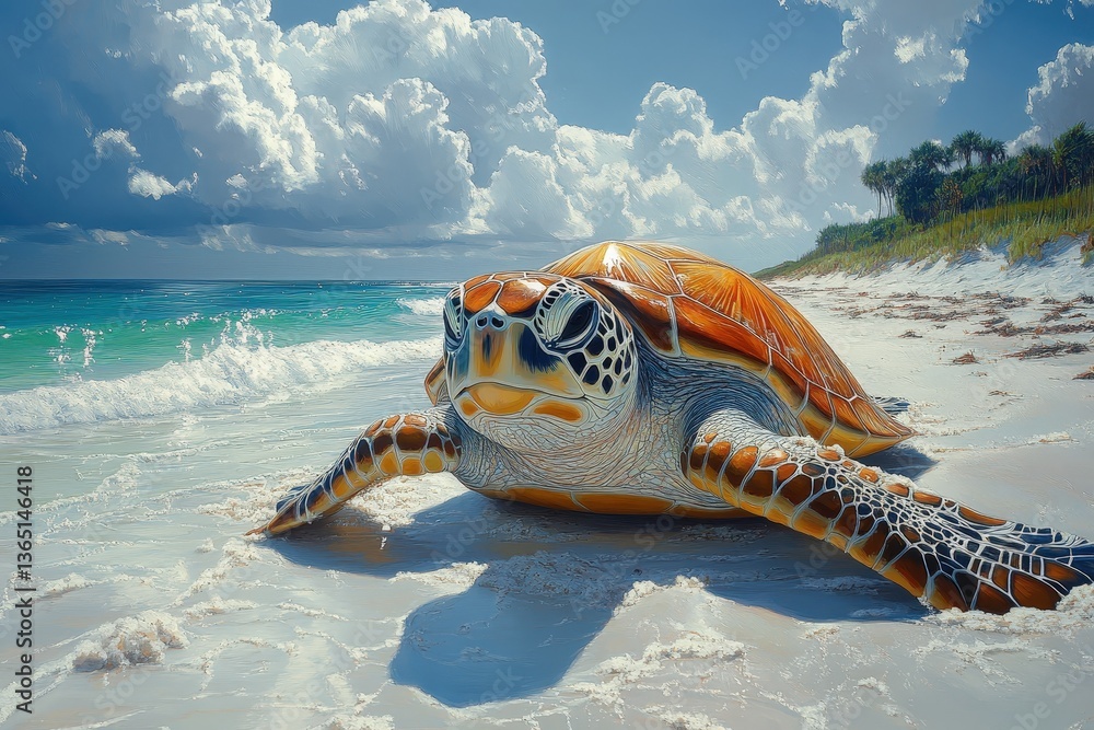 Obraz premium Beautiful Sea Turtle Nests on Sandy Beach During Daylight With Clear Blue Sky and Gentle Waves Lapping at Shore