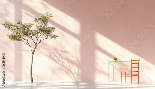 Sunlit minimalist room, featuring a small tree, glass desk, and wooden chair against a pale pink wall