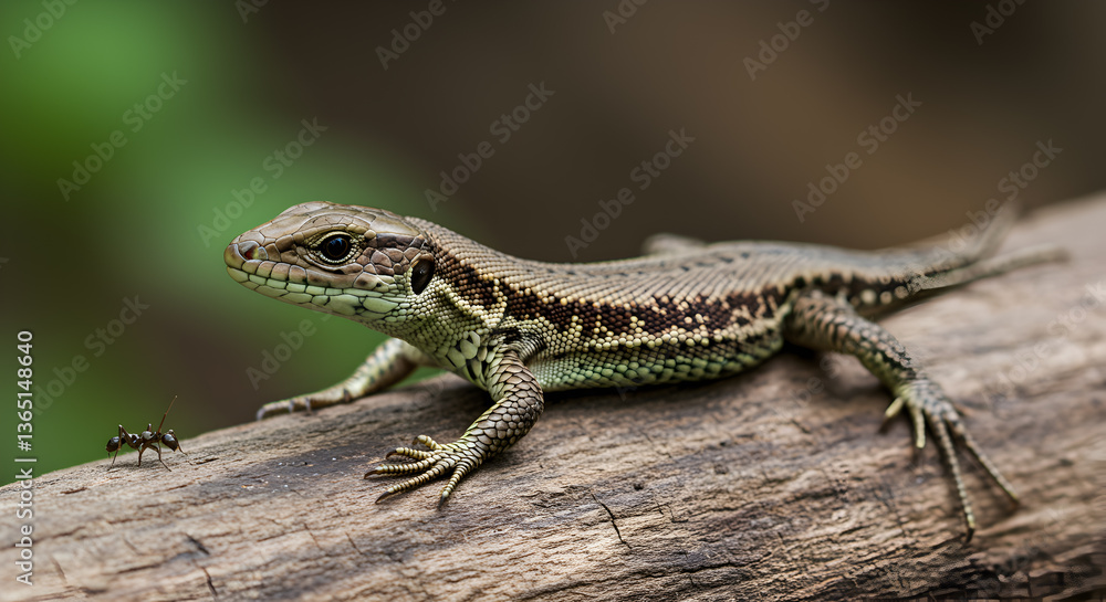 A patient european lizard observes an ant on a mossy log in woodland setting A patient european lizard observes an ant on a mossy log in woodland setting