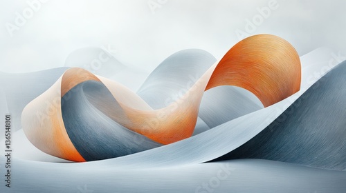 Abstract flowing forms, orange and blue hues, undulating waves