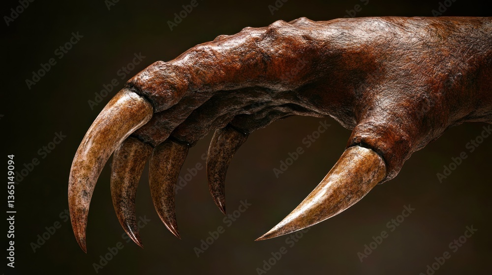 Naklejka premium Close-up of a monstrous clawed hand, detailed texture and sharp claws. Dark background emphasizes the ominous feel.