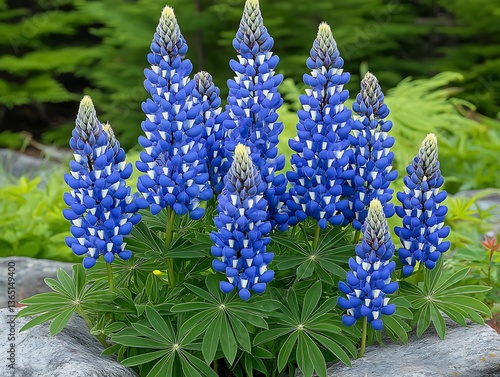 A collection of beautiful blue and white lupine flower blossoms