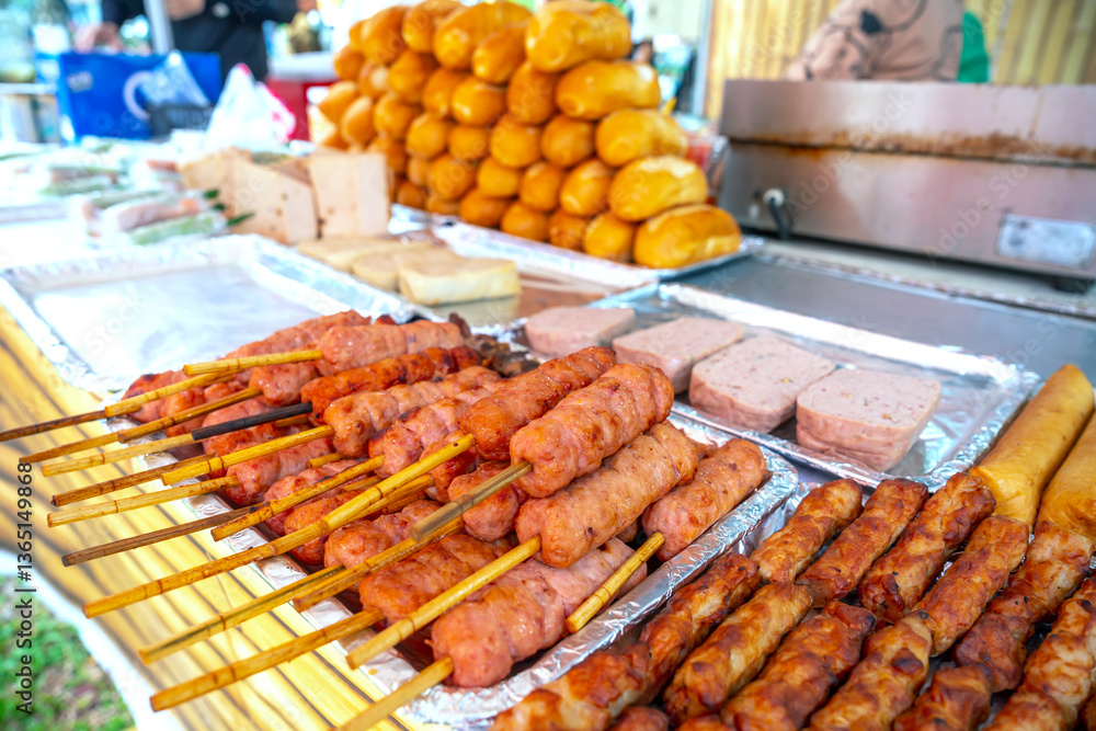 Nem lui fue, grilled minced pork sausages on lemongrass skewers, Vietnamese cuisine