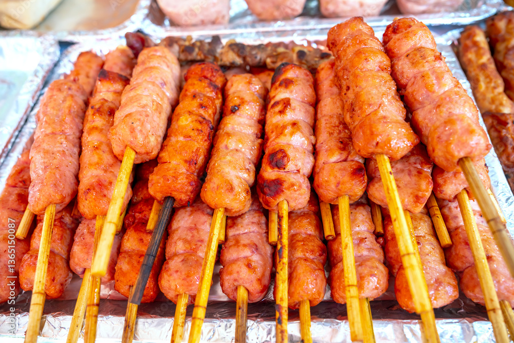 Nem lui fue, grilled minced pork sausages on lemongrass skewers, Vietnamese cuisine