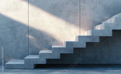 Modern concrete stairs ascend against a light-filled wall. Sunlight casts subtle shadows