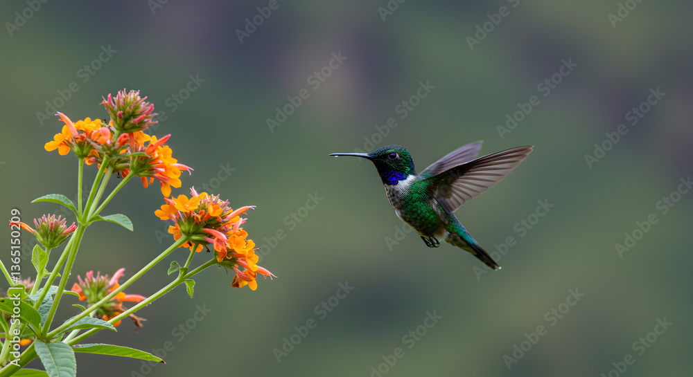 Fototapeta premium Colorful Puffleg Hummingbird mid-flight towards vibrant Andean blossoms in bloom