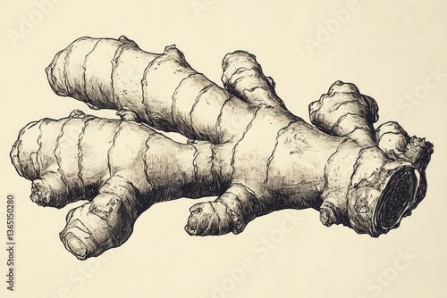 Detailed illustration of a ginger root showcasing its unique shape and texture against a neutral background