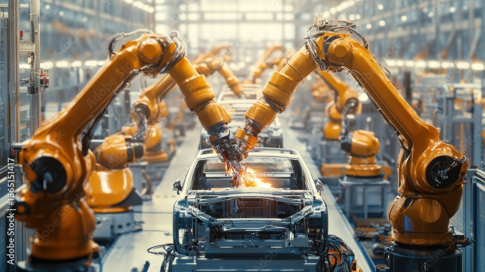 A high tech AI powered automotive factory, robotic arms assembling electric vehicles, Industrial style A high tech AI powered automotive factory, robotic arms assembling electric vehicles, Industrial style