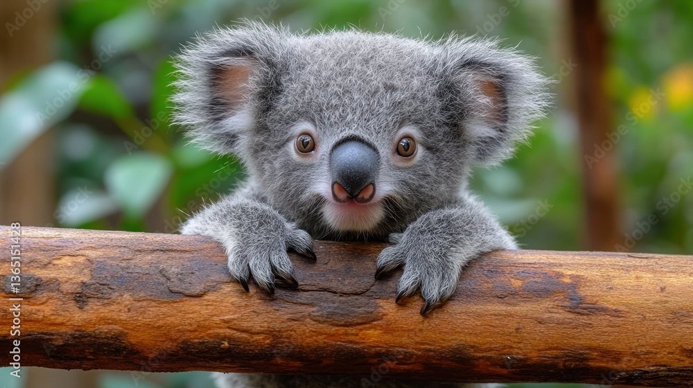 Naklejka premium Adorable baby koala clinging to a branch, looking directly at the camera