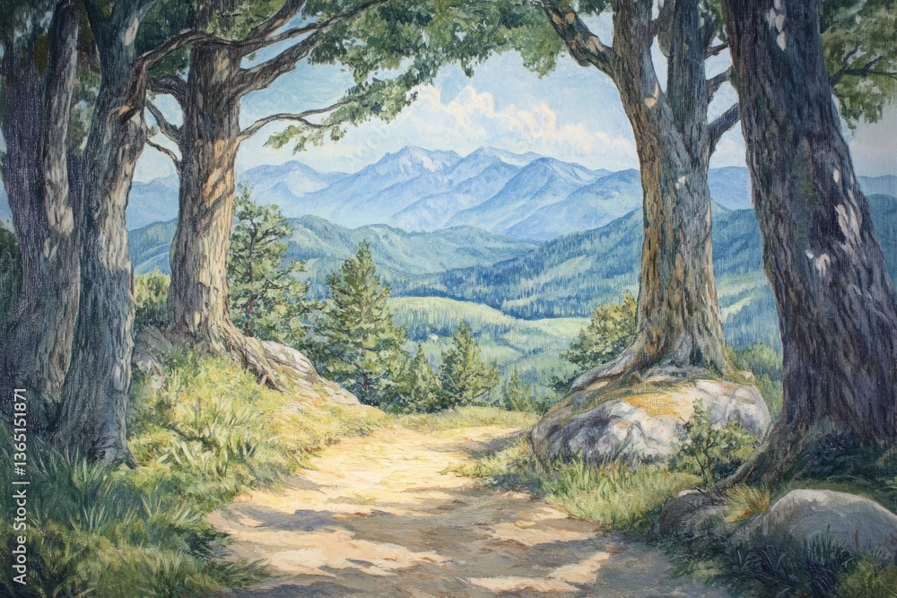 Fototapeta premium Hendersonville Scenic View: Trees and Path at Jump Off Rock with Blue Ridge Mountain Range in North Carolina