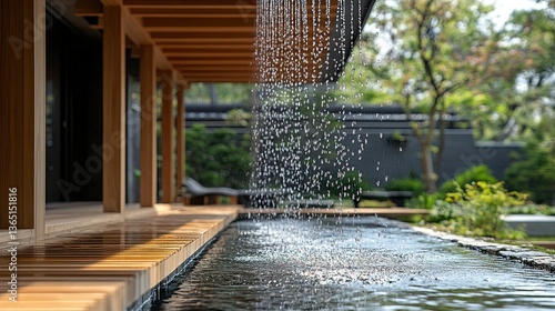 Rainwater Flowing from Wooden Roof Eaves, Peaceful Outdoor Setting