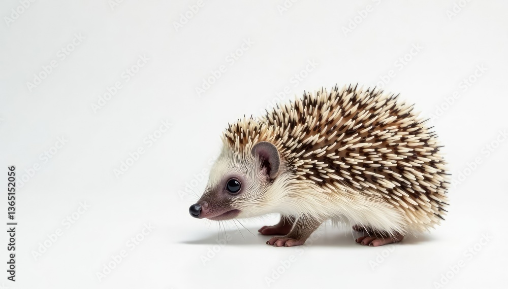 Obraz premium A lone hedgehog, perfectly centered, against a stark white backdrop, illustration, small, wildlife photography