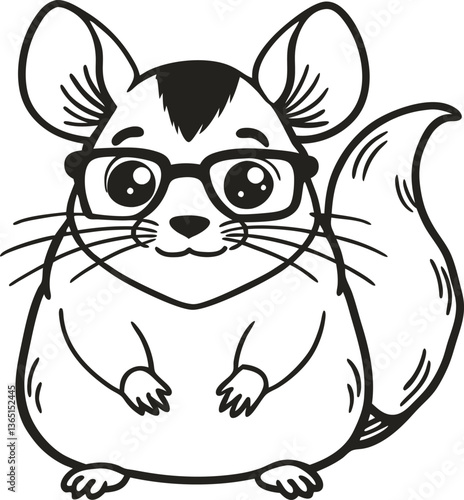 chinchilla with glasses, cute animal illustration adorable rodent character, black and white drawing