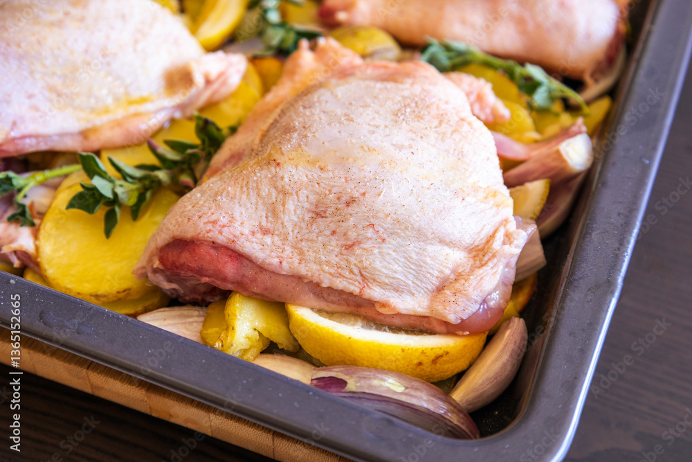 raw chicken thigh with potatoes, lemons, and shallot onions in a tray ready to bake close-up raw chicken thigh with potatoes, lemons, and shallot onions in a tray ready to bake close-up