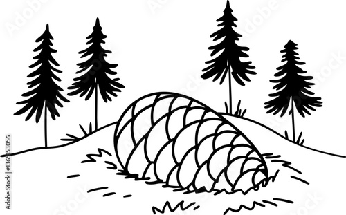 Pine cone illustration on hill with spruce trees