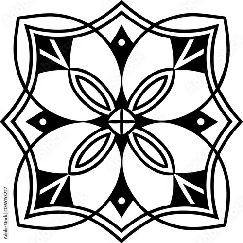 Intricate geometric mandala design in black and white, symmetrical ornamental pattern