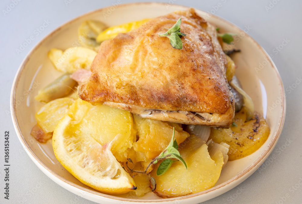 roasted chicken thigh with potatoes, lemons, and shallot onions in a dish close-up roasted chicken thigh with potatoes, lemons, and shallot onions in a dish close-up
