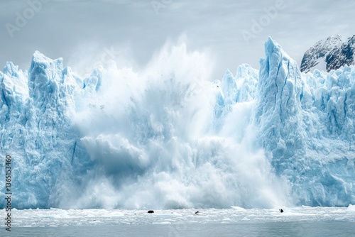A glacier calving creates a dramatic explosion of water and ice