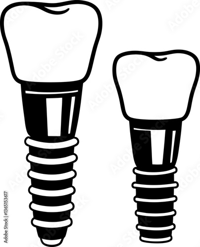 dental implants illustration tooth prosthetics, oral care black and white drawing depicting medical dentistry components