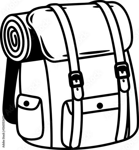 Camping backpack with rolled sleeping bag, outdoor hiking adventure gear