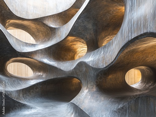 Abstract metallic sculpture with organic, flowing forms and various sized holes, lit from within