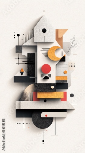 Abstract geometric composition featuring buildings, circles, and organic elements