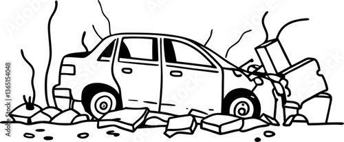 Car crash illustration with a vehicle colliding into rubble, black and white sketch