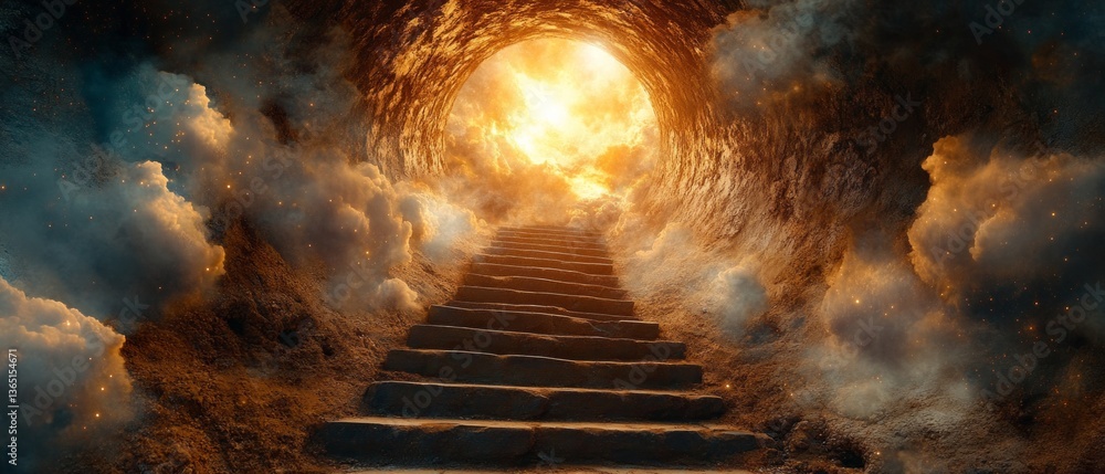 Magical tunnel with stairs leading to light, background with elements of fantasy and mysticism. Great for creative projects, book covers, advertising.