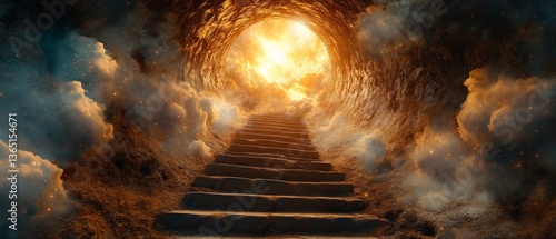 Obraz na płótnie Magical tunnel with stairs leading to light, background with elements of fantasy and mysticism. Great for creative projects, book covers, advertising. w salonie