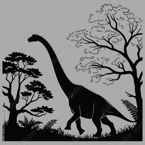 a brachiosaurus reaching for treetops silhouette vector design art and illustration
