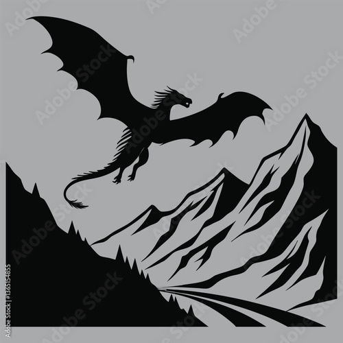 a dragon with wings spread wide flying over mountains silhouette vector design art and illustration