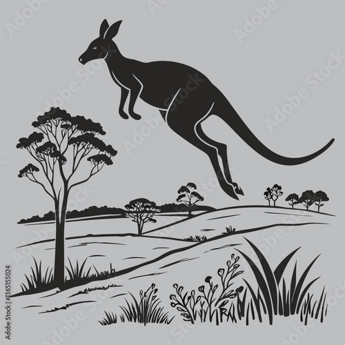 a kangaroo mid-jump through the outback silhouette vector design art and illustration