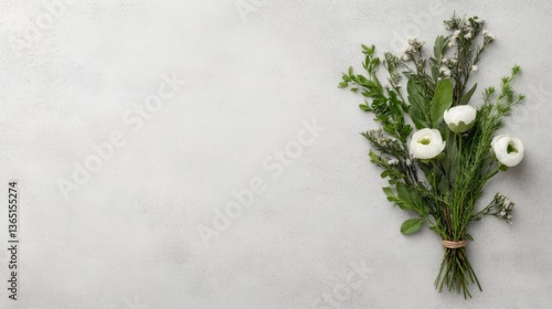 Delicate white blossoms and greenery arranged on a light gray background