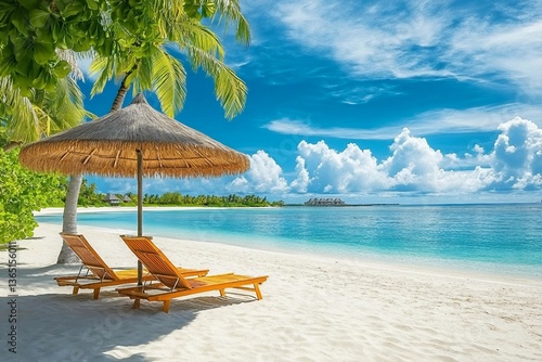 Fototapeta Naklejka Na Ścianę i Meble -  Amazing tranquil relax chairs umbrella tourism carefree. Maldives island beach. Tropical landscape of summer scenery white sand palm trees. Luxury travel vacation destination. Exotic sea sky landscape