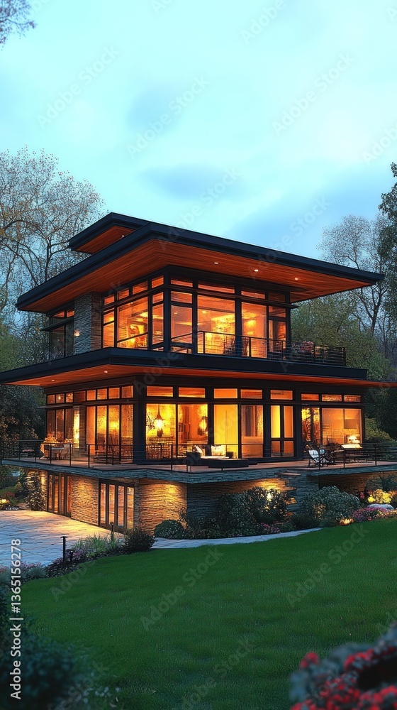 Modern two-story home illuminated at dusk, showcasing large windows and sleek design Modern two-story home illuminated at dusk, showcasing large windows and sleek design