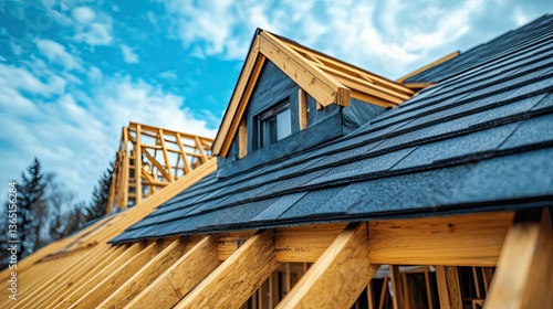 Roofer Working on Roof Structure, Home Construction and Roofing Services