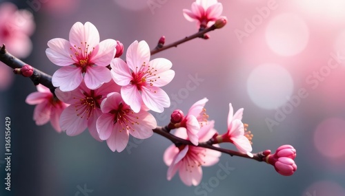 Delicate pink cherry blossoms, intricate branch pattern, floral design, romantic