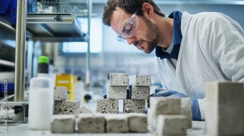 A material scientist researching self healing concrete for infrastructure, lab with concrete samples, crack testing equipment