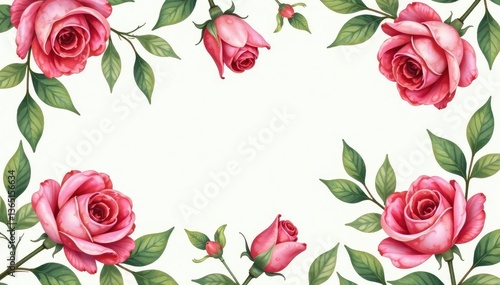 Delicate watercolor rose blooms, lush green leaves Repeating pattern , nature, repeat