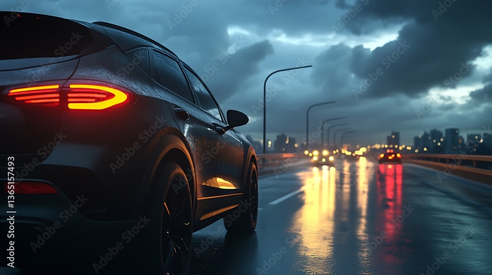 Dark SUV Driving on Wet City Road at Night