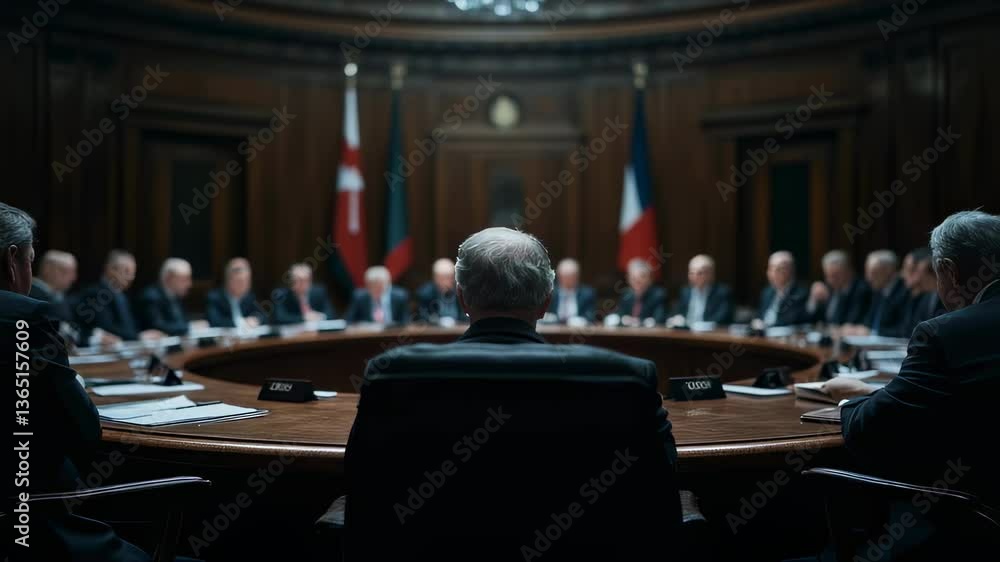 Elderly man in formal suit seated at head of oval table among diplomats in dark wood-paneled chamber with national flags during high-level official meeting, international government summit context Elderly man in formal suit seated at head of oval table among diplomats in dark wood-paneled chamber with national flags during high-level official meeting, international government summit context