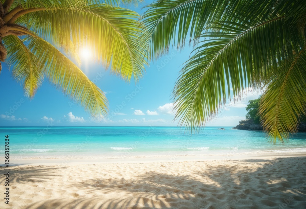 Fototapeta premium A serene beach scene unfolds, framed by lush palm fronds swaying gently in the breeze, with crystal-clear turquoise waters stretching to the horizon. The sun casts a warm, golden glow over the